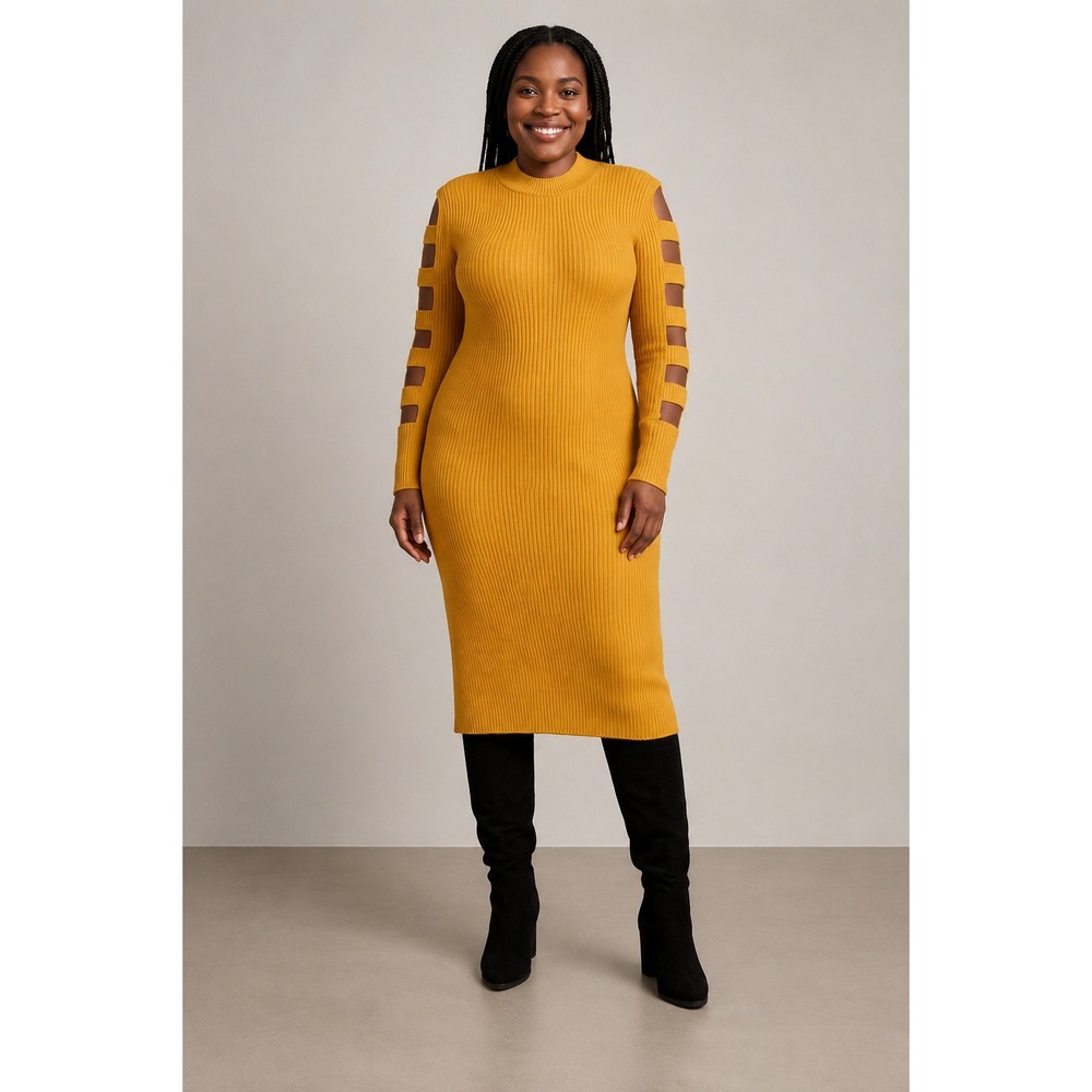 Blue Orchid Mustard Yellow‎ Ribbed Knit Ladder Sleeve Mock Neck Midi Dress L